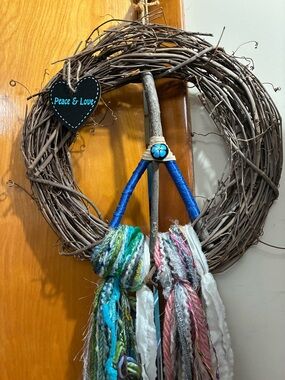 Handmade Rustic Peace Sign Wreath with Colorful Tassels